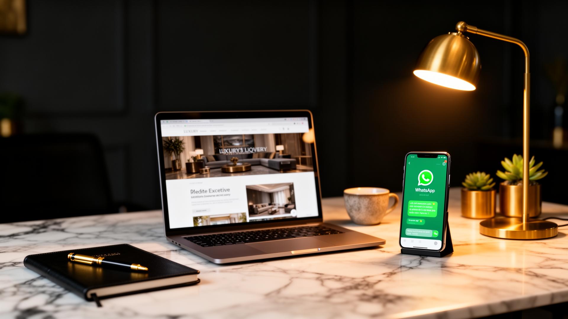 Escritório premium com laptop, smartphone exibindo WhatsApp e caderno executivo